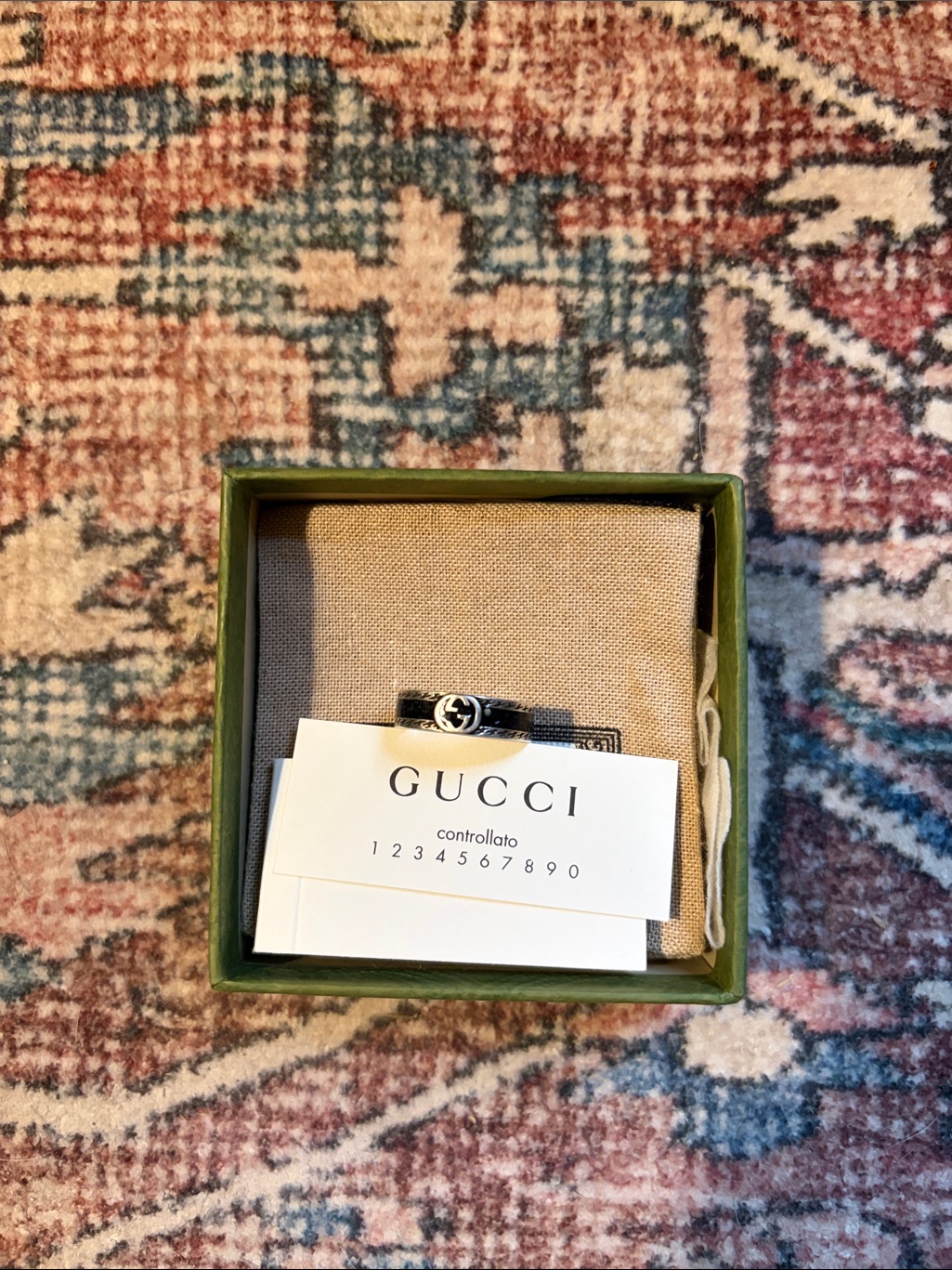 Gucci Men's Silver Band Ring With Black Enamel Double G